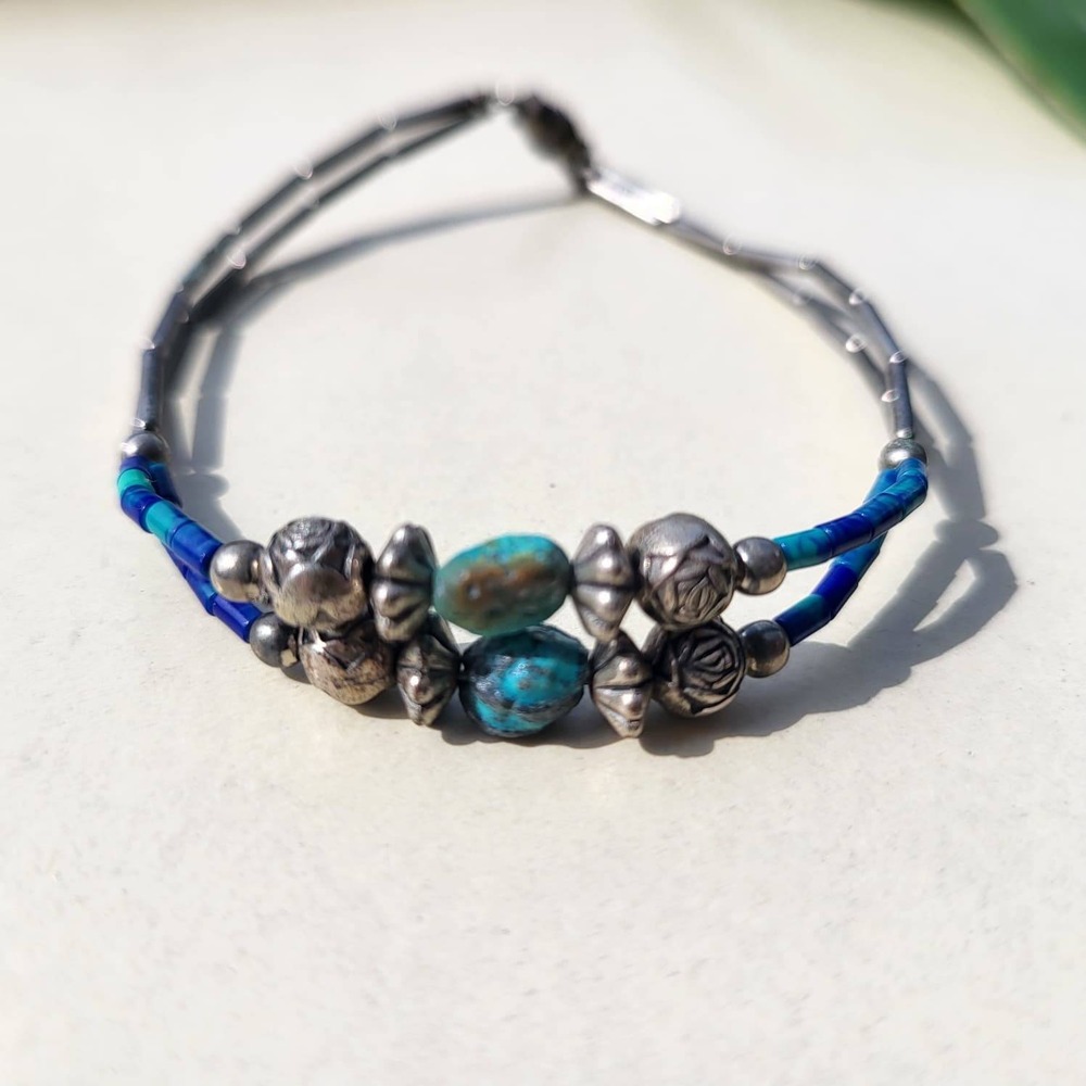 Vintage Sterling Silver Turquoise Bracelet Blue Liquid Beaded Boho